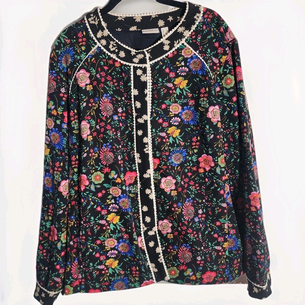 LOGO Lori Goldstein Floral‎ Button Front Jacket Black Multi Color Crochet Trim L - Picture 2 of 11